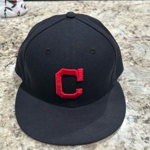 Cleveland Indians New Era fitted hat. Dark blue with the red Cleveland Indian C.
